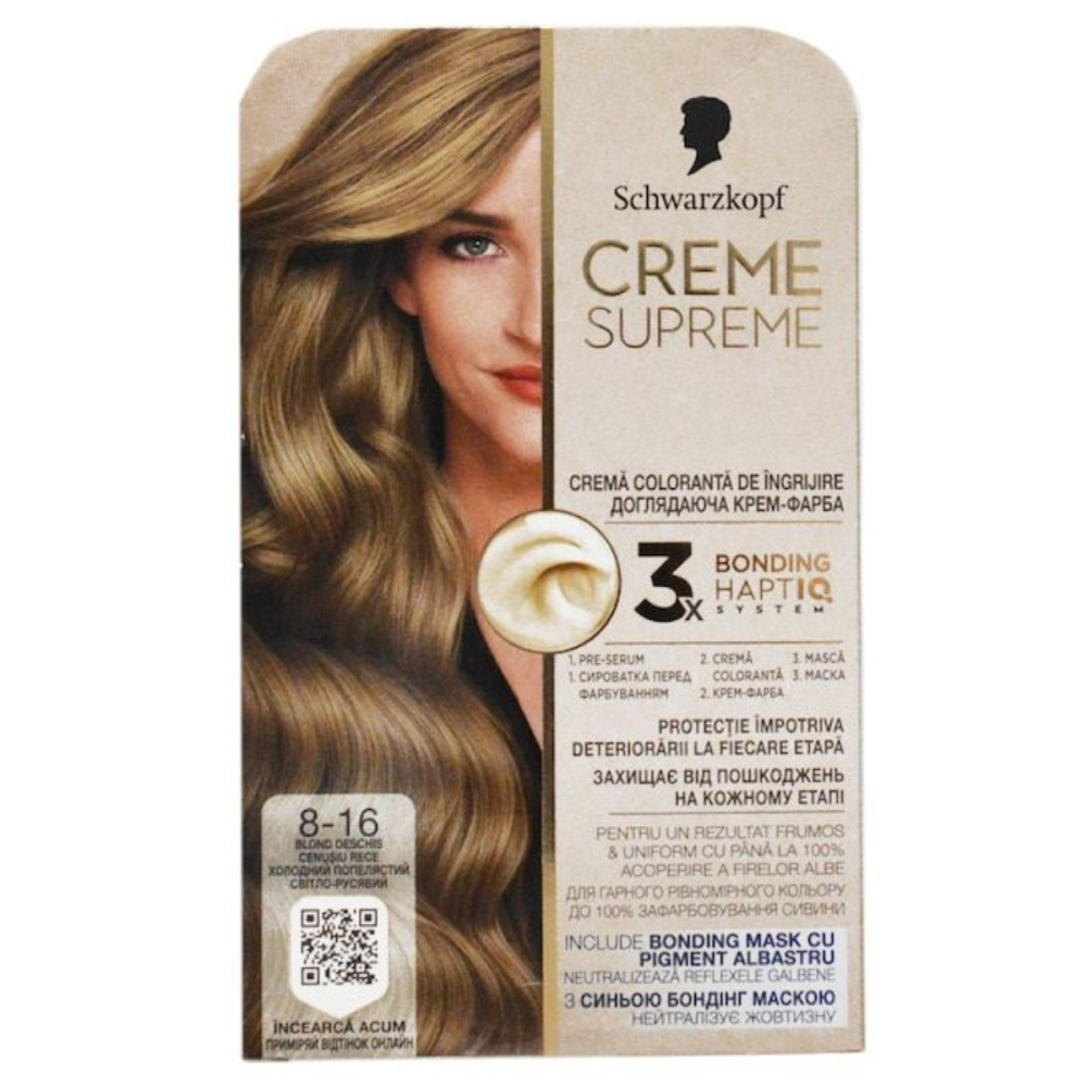 Vopsea de par permanenta cu amoniac Schwarzkopf Creme Supreme, 8-16 Blond Deschis Cenusiu, 182 ml [1]