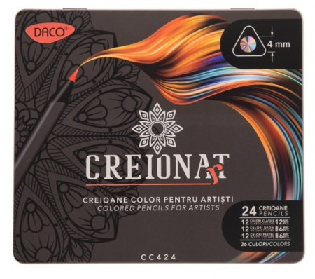 Creioane color pentru artisti, Cutie metalica, DACO, CC424 Multicolor, 24 culori