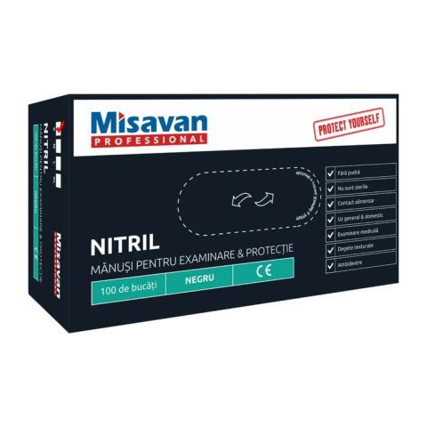 Manusi unica folosinta nitril Misavan, marime S, negru, 100 buc/set