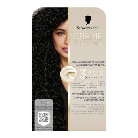 Ingrijire Personala & Cosmetice - Vopsea de par permanenta cu amoniac Schwarzkopf Creme Supreme, 1-0 Negru, 182 ml
