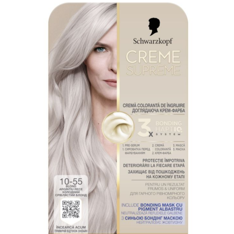 Ingrijire Personala & Cosmetice - Vopsea de par permanenta cu amoniac Schwarzkopf Creme Supreme, 10-55 Blond Argintiu Rece, 182 ml