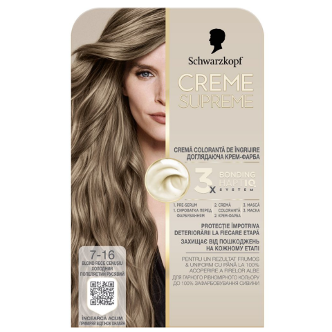 Ingrijire Personala & Cosmetice - Vopsea de par permanenta cu amoniac Schwarzkopf Creme Supreme, 7-16 Blond Rece Cenusiu, 182 ml
