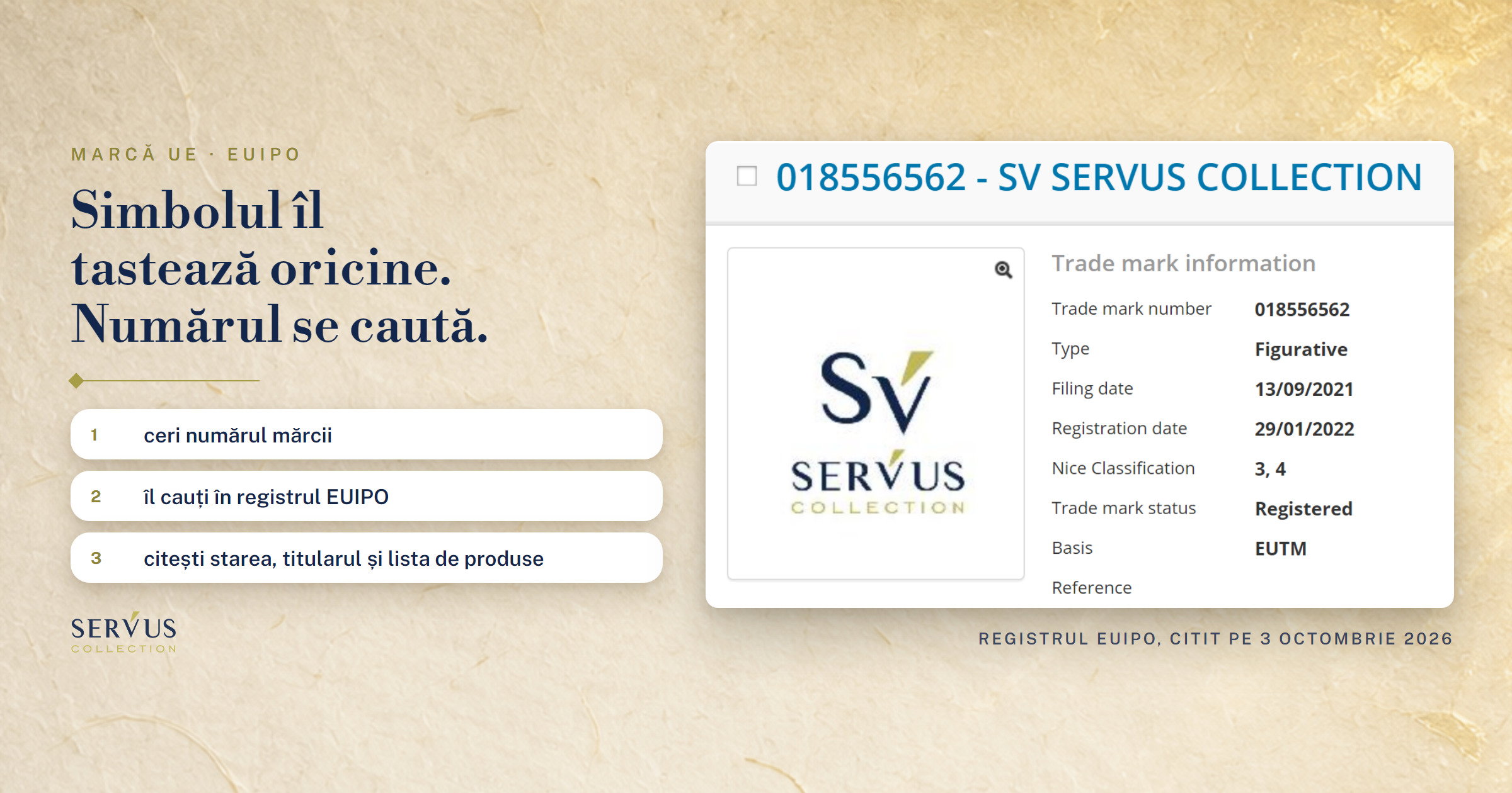 Marca Servus la EUIPO: numărul 018556562 se verifică în 30 de secunde
