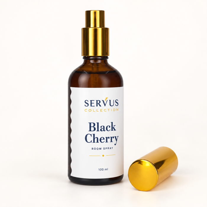 Parfum de cameră Black Cherry 100 ml, sticlă de chihlimbar cu pulverizator auriu – Servus [3]