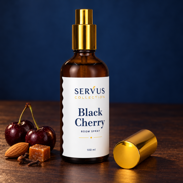 Parfum de cameră Black Cherry 100 ml, sticlă de chihlimbar cu pulverizator auriu – Servus [4]