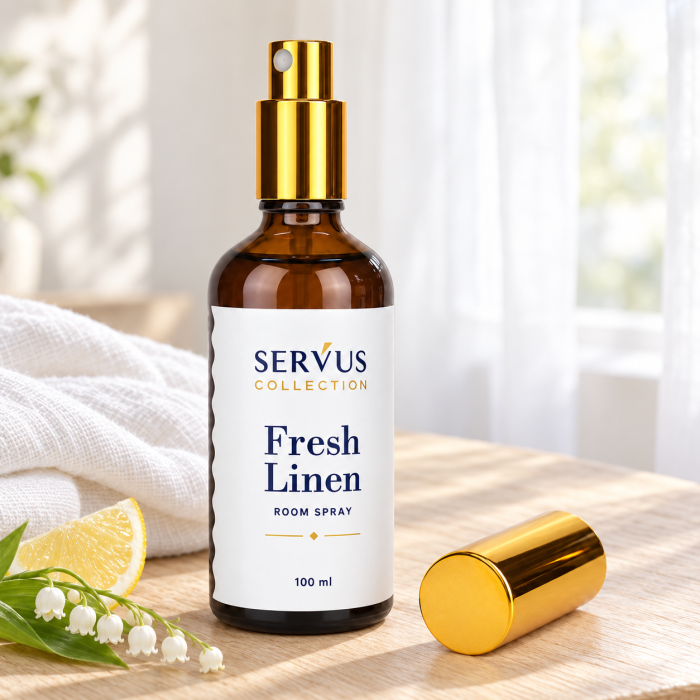 Parfum de cameră Fresh Linen 100 ml, sticlă de chihlimbar cu pulverizator auriu – Servus [1]