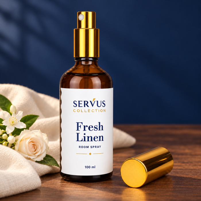 Parfum de cameră Fresh Linen 100 ml, sticlă de chihlimbar cu pulverizator auriu – Servus [4]