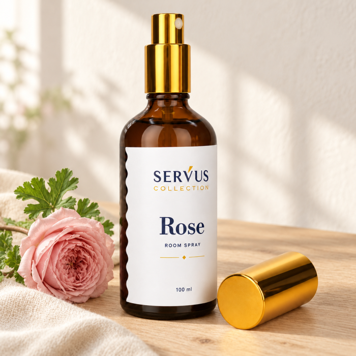 Parfum de cameră Rose 100 ml, sticlă de chihlimbar cu pulverizator auriu – Servus [1]