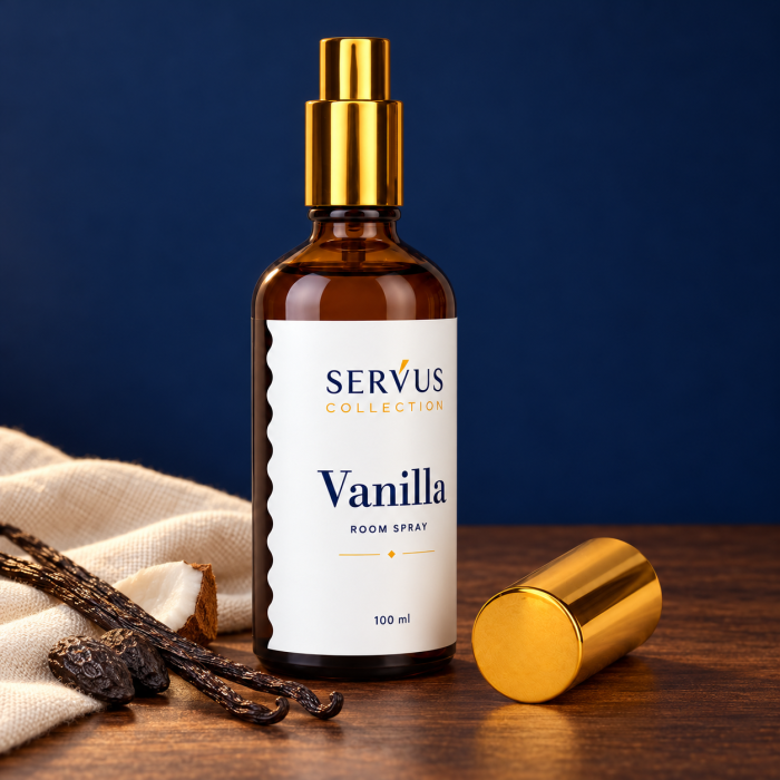 Parfum de cameră Vanilla 100 ml, sticlă de chihlimbar cu pulverizator auriu – Servus [4]