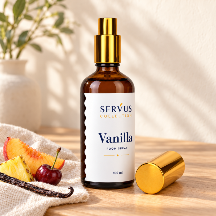 Parfum de cameră Vanilla 100 ml, sticlă de chihlimbar cu pulverizator auriu – Servus [1]