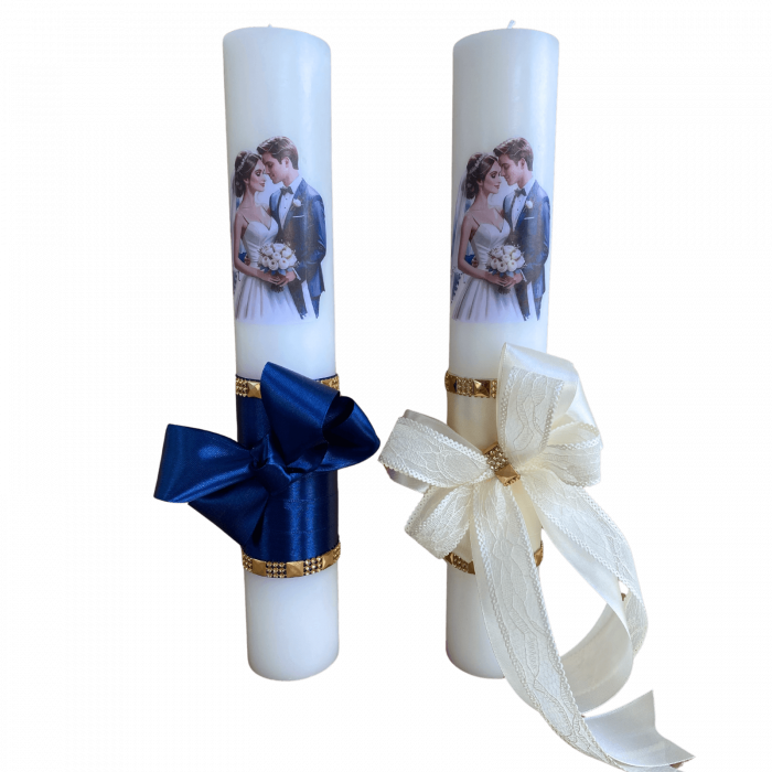Set 2 Lumanari nunta decorate cu albastru si ivory W26 [3]