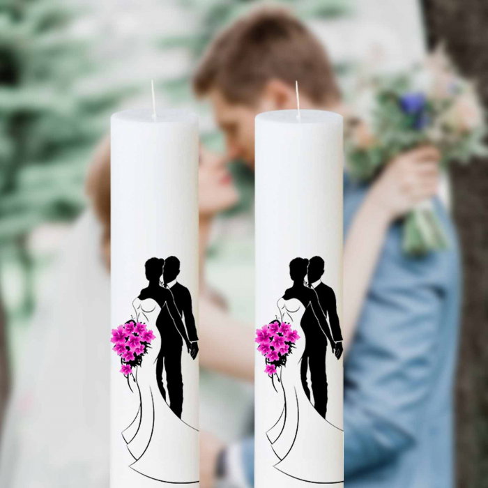 Set 2 Lumanari Nunta Mire si Mireasa cu buchet roz [1]