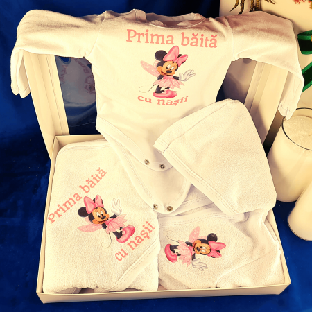 Trusouri si Lumânări decorate Botez - Set prima baita cu nașii pentru fetita - model Minnie Zana Roz