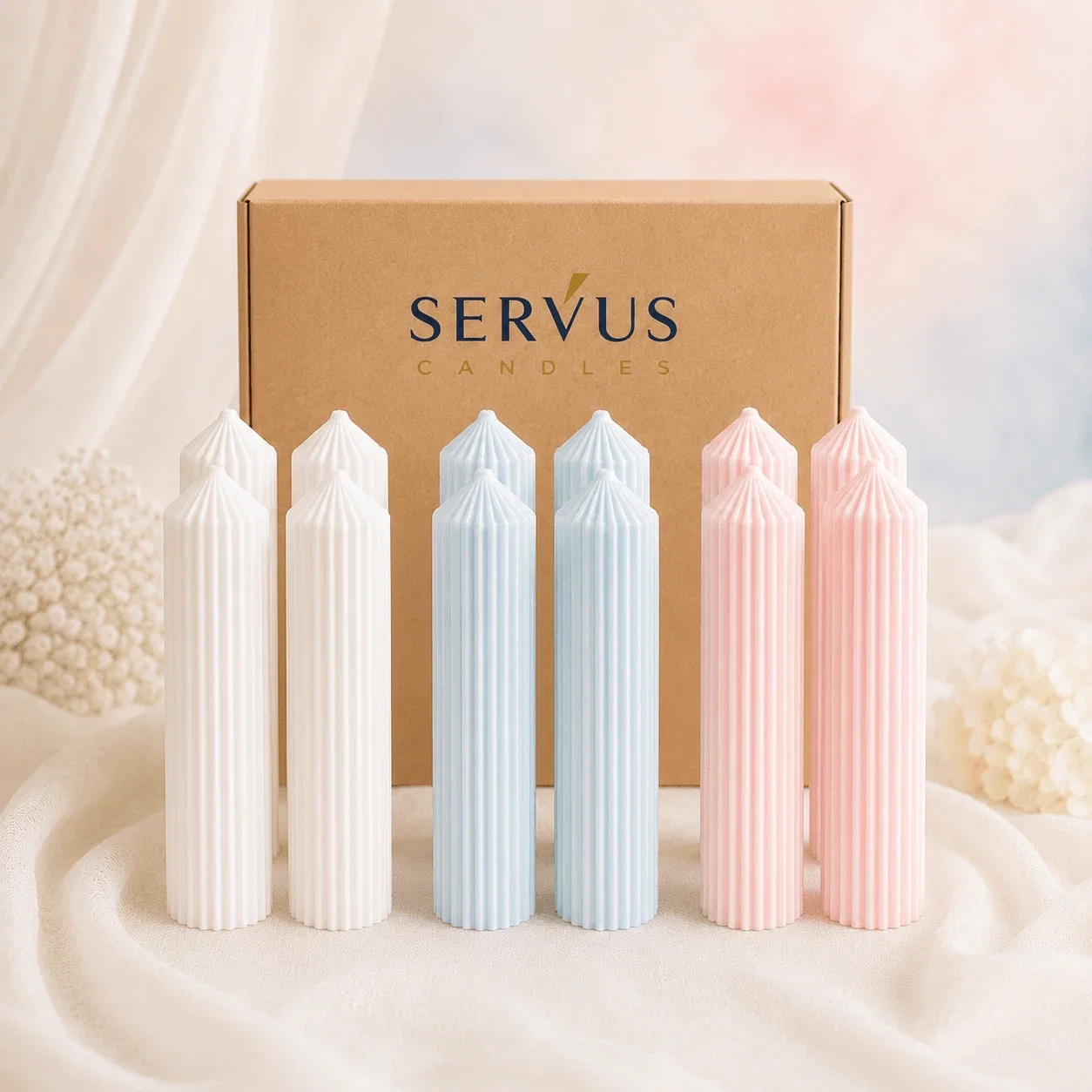 Lumânări Botez simple - Bax 12 Lumânări Canelate Ø6×35 cm - Mix Pastel Servus