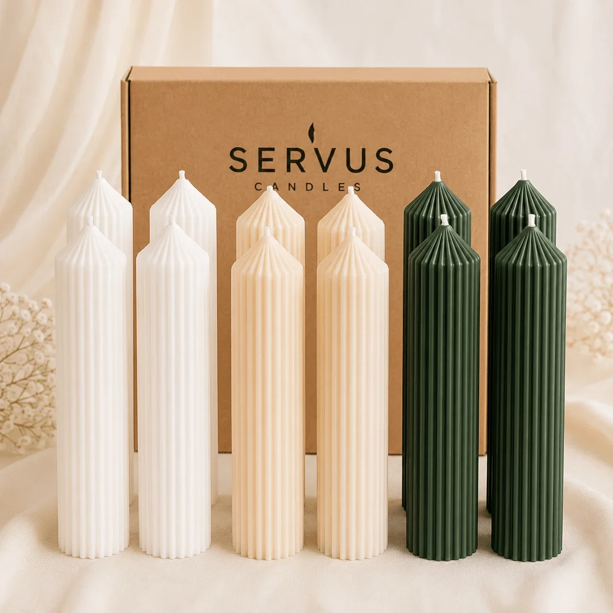 Lumânări Nuntă simple - Bax 12 Lumânări Canelate Ø6×35 cm - Mix Elegant Servus