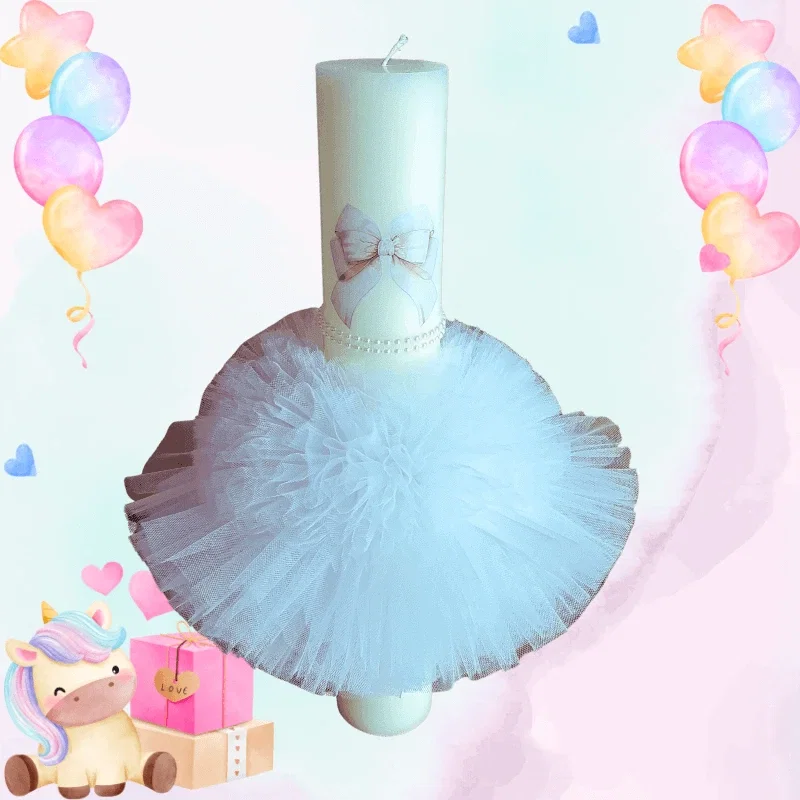 Trusouri si Lumânări decorate Botez - Lumânare Botez Artizanală cu Tulle Alb - C