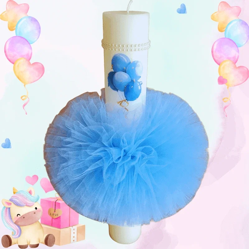 Trusouri si Lumânări decorate Botez - Lumânare Botez Artizanală cu Tulle Albastru
