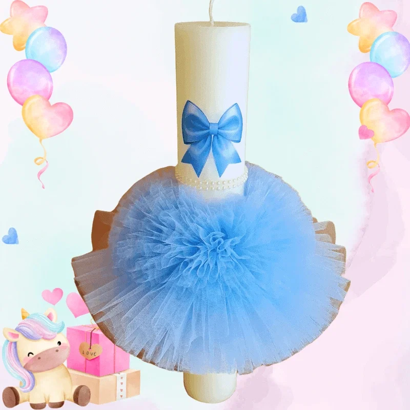 Trusouri si Lumânări decorate Botez - Lumânare Botez Artizanală cu Tulle Albastru - C