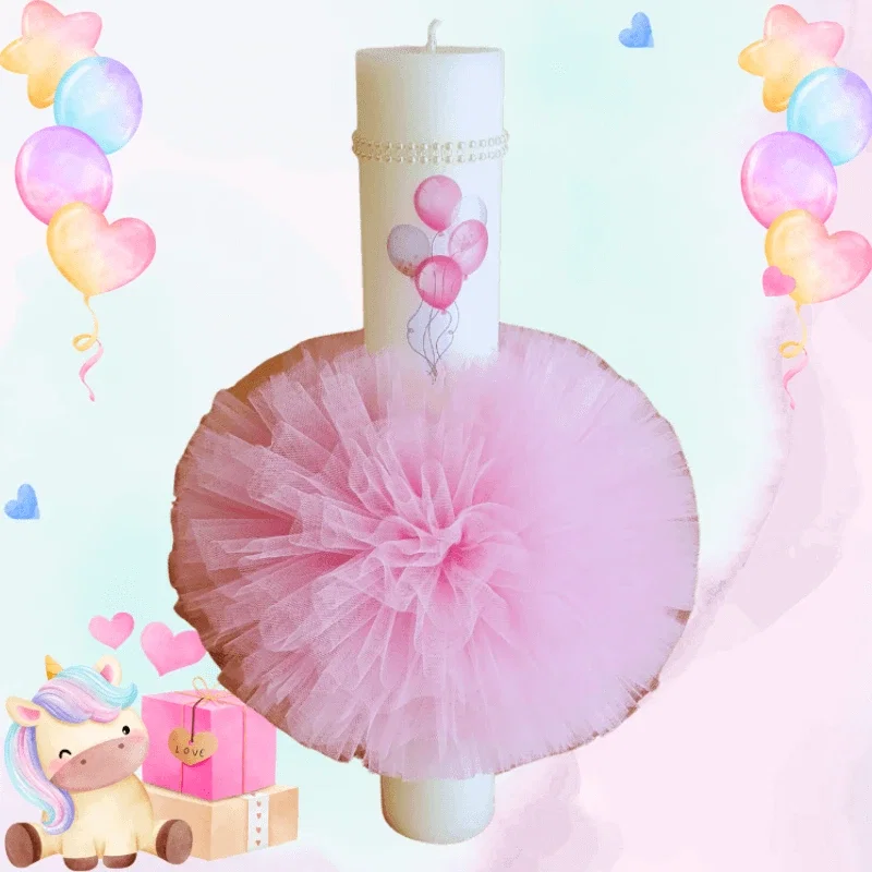 Trusouri si Lumânări decorate Botez - Lumânare Botez Artizanală cu Tulle Roz