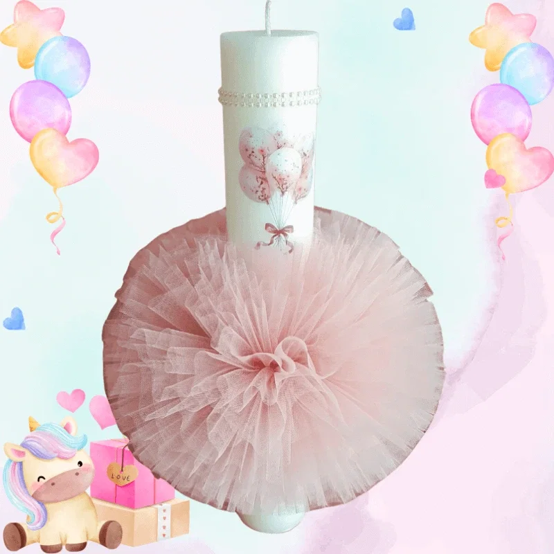 Trusouri si Lumânări decorate Botez - Lumânare Botez Artizanală cu Tulle Roz Prăfuit