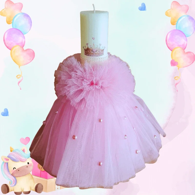 Trusouri si Lumânări decorate Botez - Lumânare Botez Artizanală Rochiță cu Tulle Roz