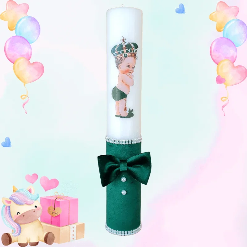 Trusouri si Lumânări decorate Botez - Lumanare botez decorata print verde