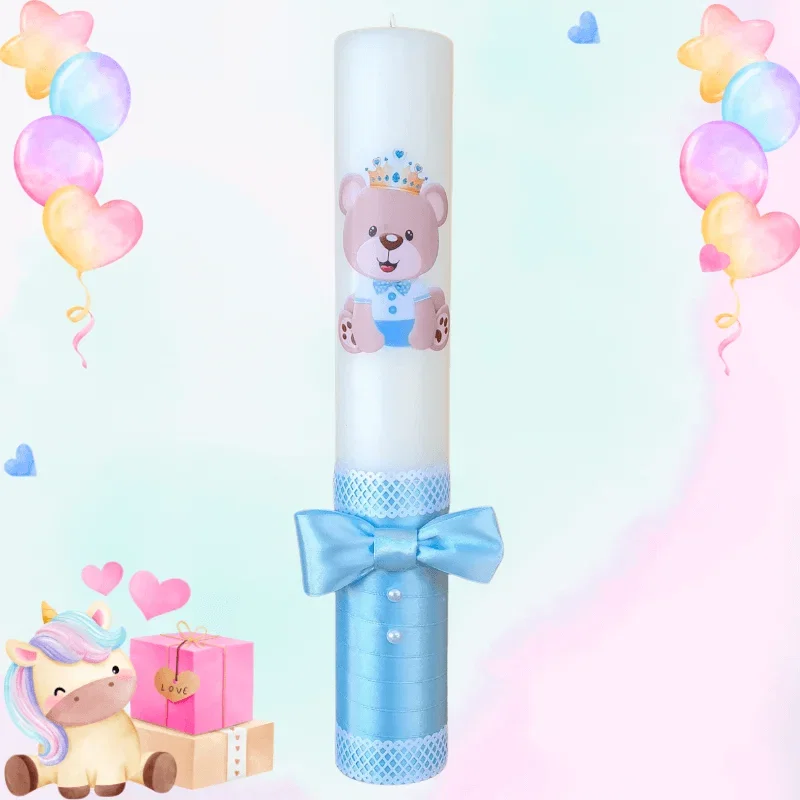 Trusouri si Lumânări decorate Botez - Lumanare botez decorata ursulet albastru