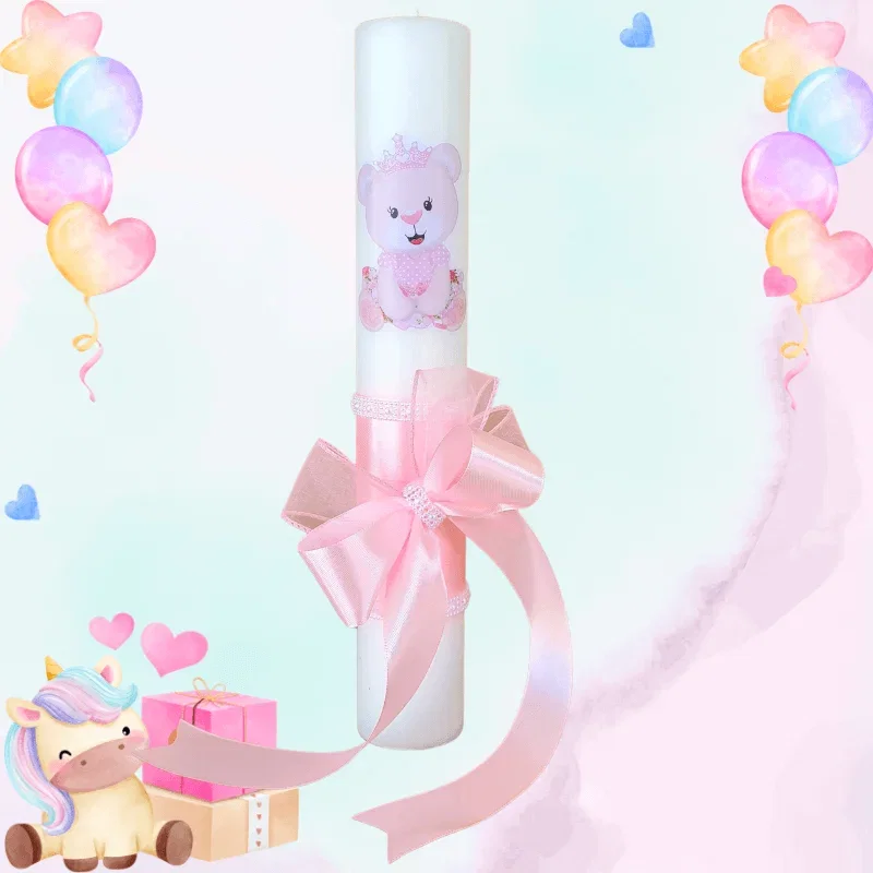 Trusouri si Lumânări decorate Botez - Lumanare botez decorata ursulet roz