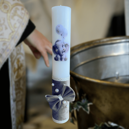 Trusouri si Lumânări decorate Botez - Lumanare botez Elefant decorata cu catifea grej