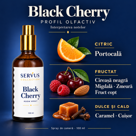 Parfum de cameră Black Cherry 100 ml, sticlă de chihlimbar cu pulverizator auriu – Servus [1]