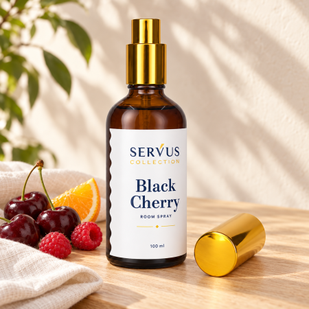 Parfumuri ambientale - Parfum de cameră Black Cherry 100 ml, sticlă de chihlimbar cu pulverizator auriu – Servus