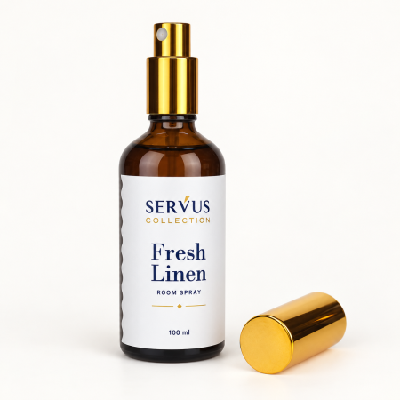 Parfum de cameră Fresh Linen 100 ml, sticlă de chihlimbar cu pulverizator auriu – Servus [2]