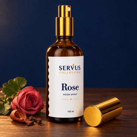 Parfum de cameră Rose 100 ml, sticlă de chihlimbar cu pulverizator auriu – Servus [3]