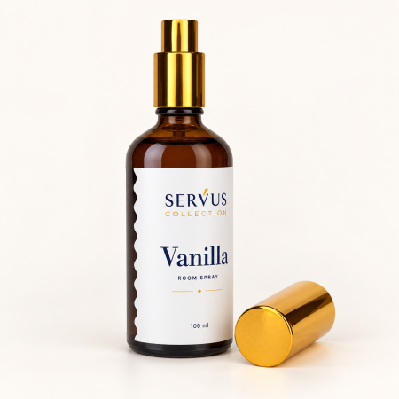 Parfum de cameră Vanilla 100 ml, sticlă de chihlimbar cu pulverizator auriu – Servus [2]