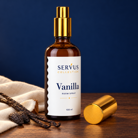 Parfum de cameră Vanilla 100 ml, sticlă de chihlimbar cu pulverizator auriu – Servus [3]
