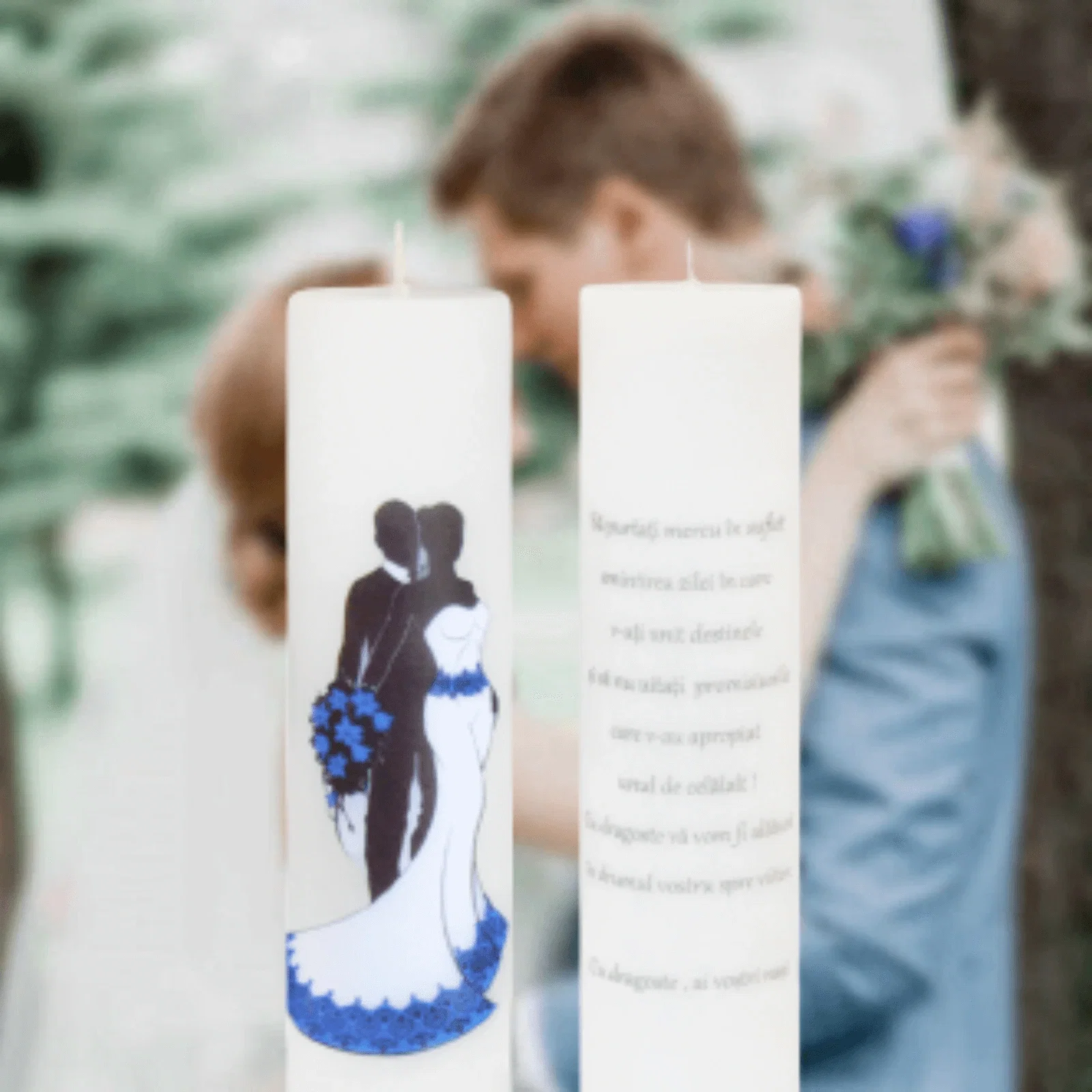 Lumânări Nuntă simple - Set 2 Lumanari Mire-Mireasa cu albastru cu mesaj de la nasi