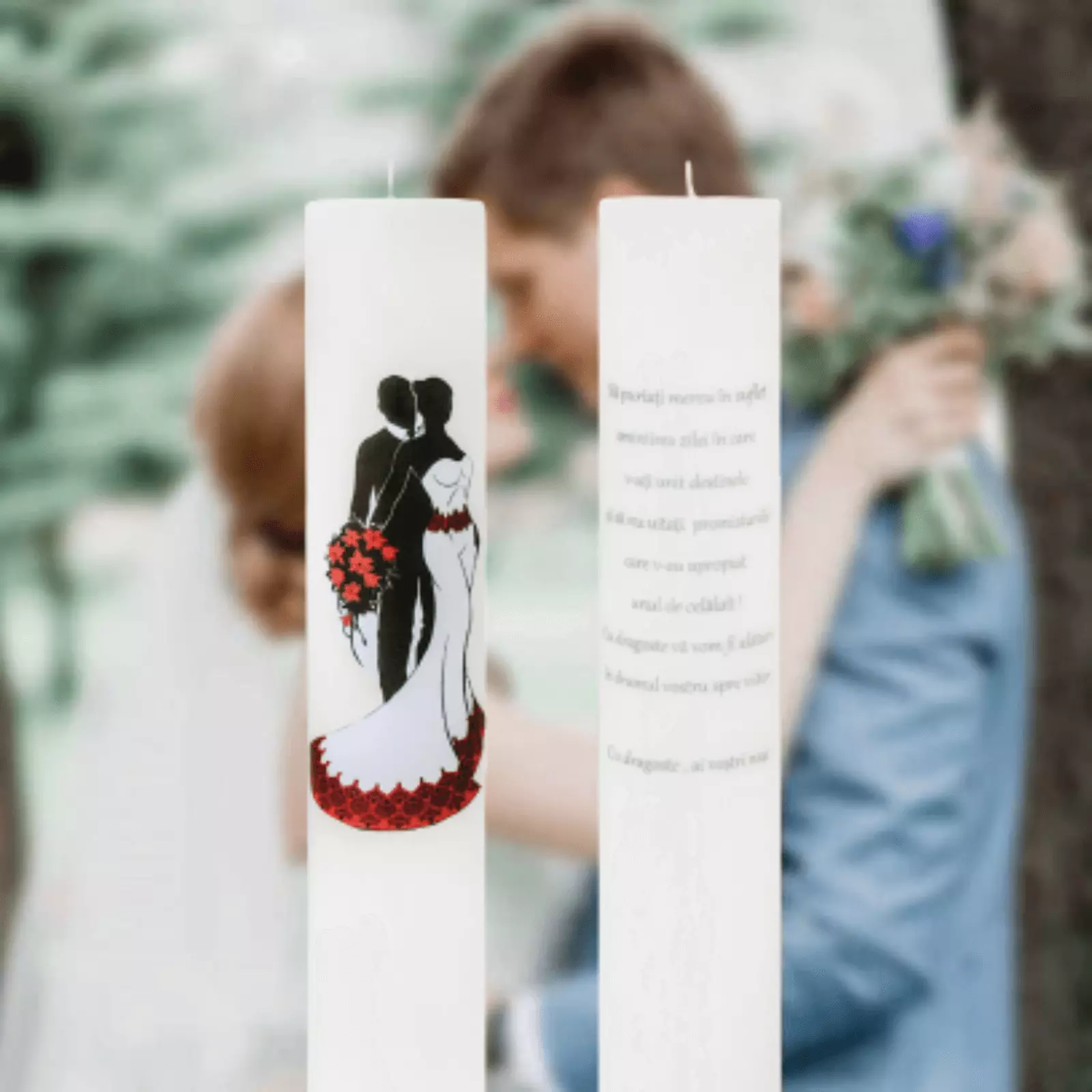Articole Nuntă - Set 2 Lumanari Mire-Mireasa cu rosu cu mesaj de la nasi
