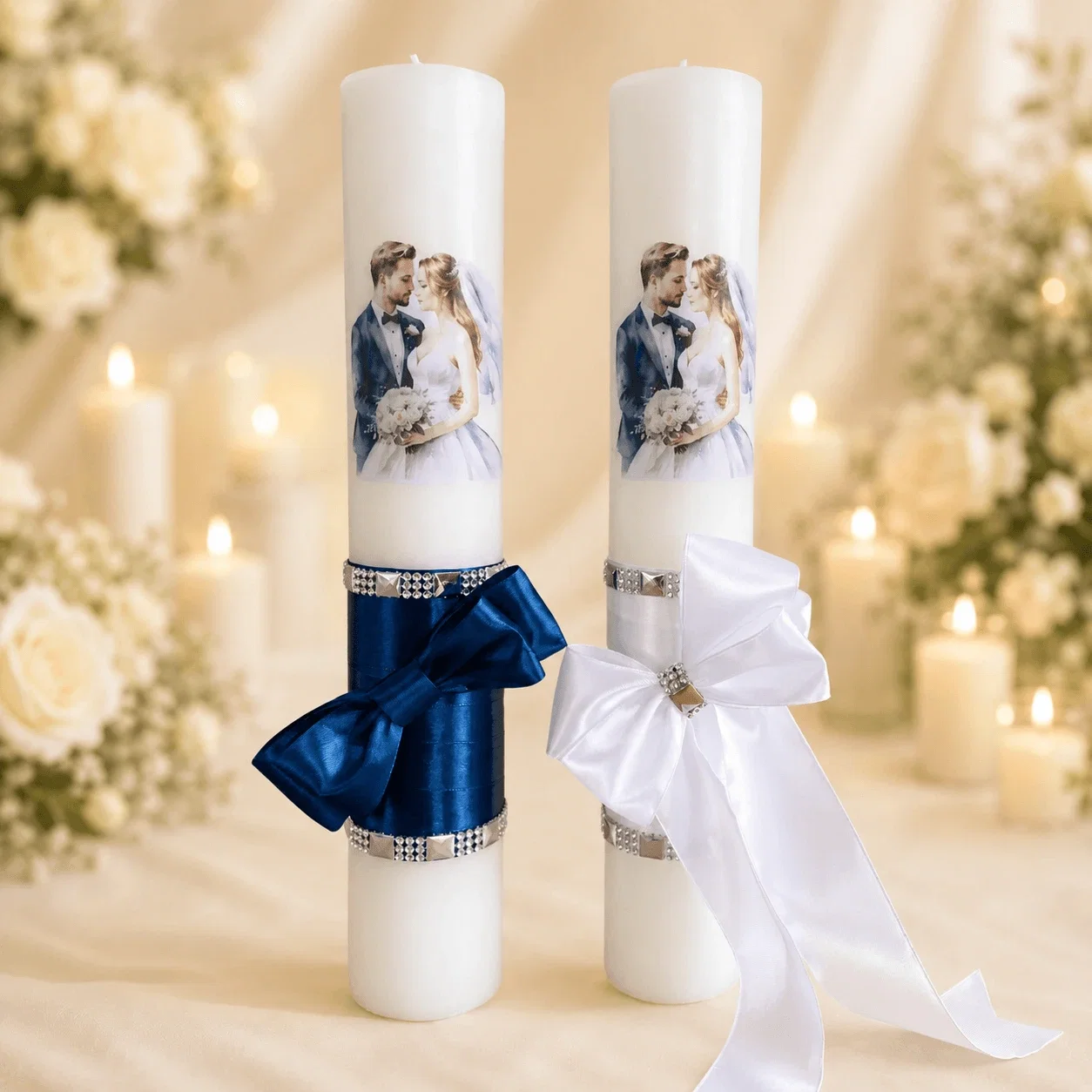Accesorii și Lumânări decorate Nuntă - Set 2 Lumanari nunta decorate cu albastru si alb W27