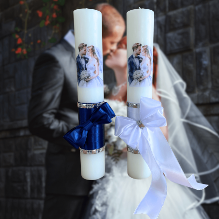 Accesorii și Lumânări decorate Nuntă - Set 2 Lumanari nunta decorate cu albastru si alb W27