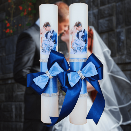 Accesorii și Lumânări decorate Nuntă - Set 2 Lumanari nunta decorate cu albastru W17