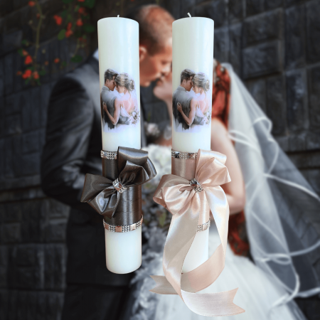 Accesorii și Lumânări decorate Nuntă - Set 2 Lumanari nunta decorate cu gri si roz perlat W28