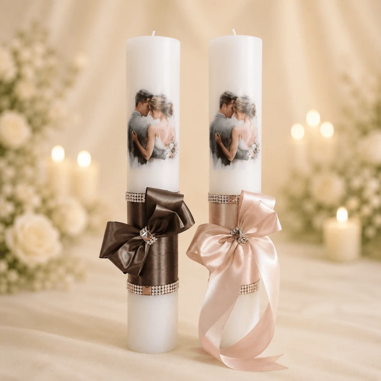 Accesorii și Lumânări decorate Nuntă - Set 2 Lumanari nunta decorate cu gri si roz perlat W28