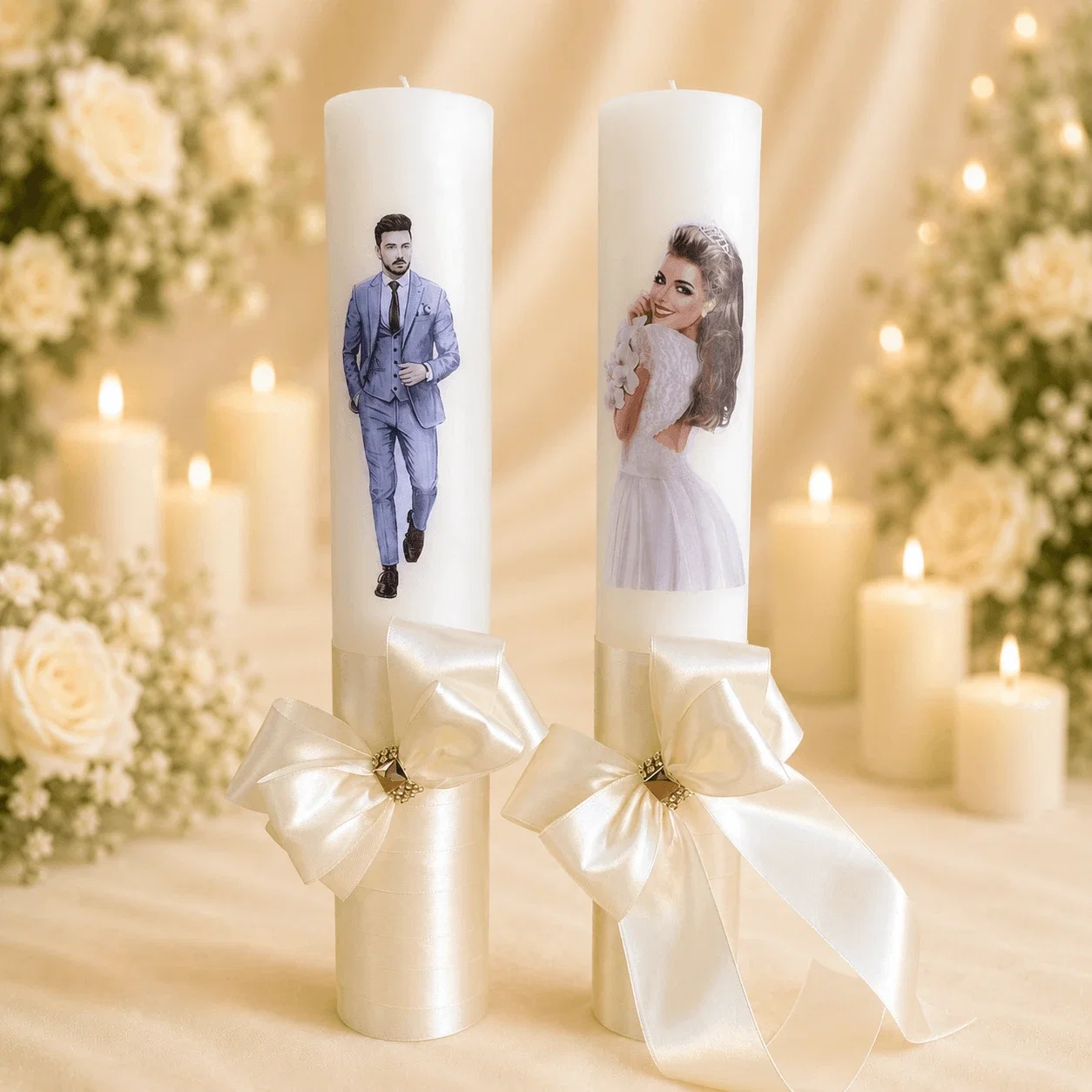 Accesorii și Lumânări decorate Nuntă - Set 2 Lumanari nunta decorate cu ivory W25