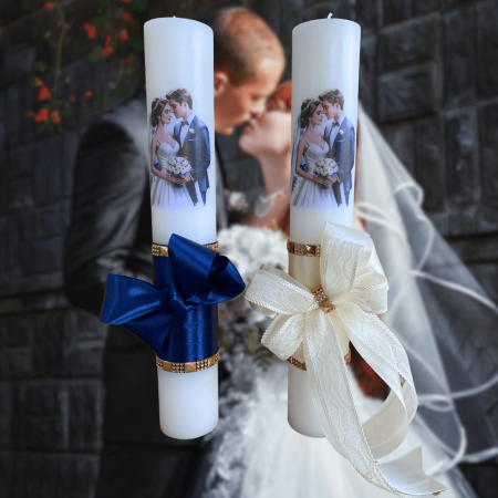 Accesorii și Lumânări decorate Nuntă - Set 2 Lumanari nunta decorate cu albastru si ivory W26