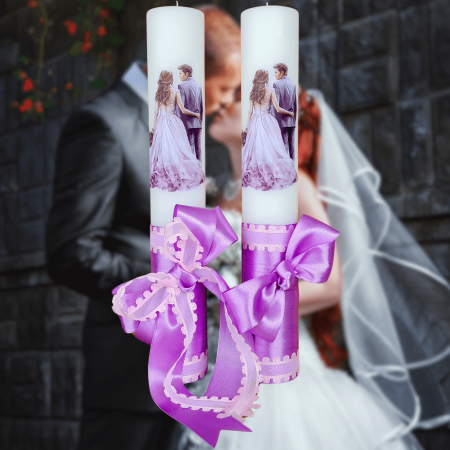 Accesorii și Lumânări decorate Nuntă - Set 2 Lumanari nunta decorate cu mov W14