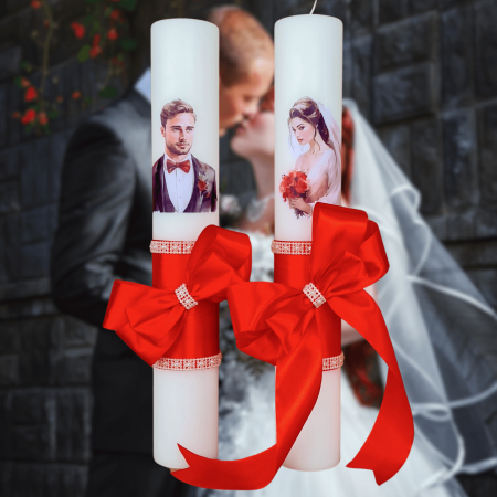 Accesorii și Lumânări decorate Nuntă - Set 2 Lumanari nunta decorate cu rosu W15