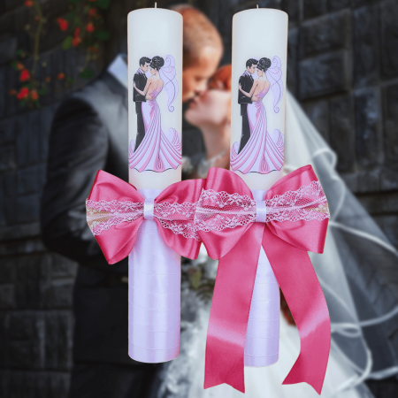 Accesorii și Lumânări decorate Nuntă - Set 2 Lumanari nunta decorate cu roz si alb W18