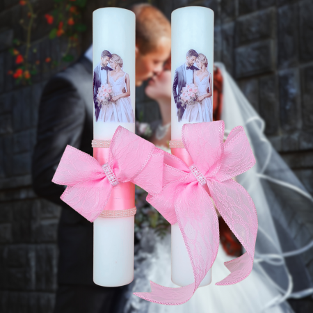 Accesorii și Lumânări decorate Nuntă - Set 2 Lumanari nunta decorate cu roz W21