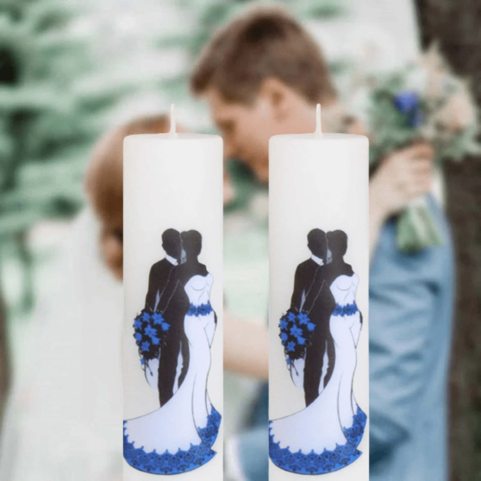 Lumânări Nuntă simple - Set 2 Lumanari Nunta Mire si Mireasa cu albastru