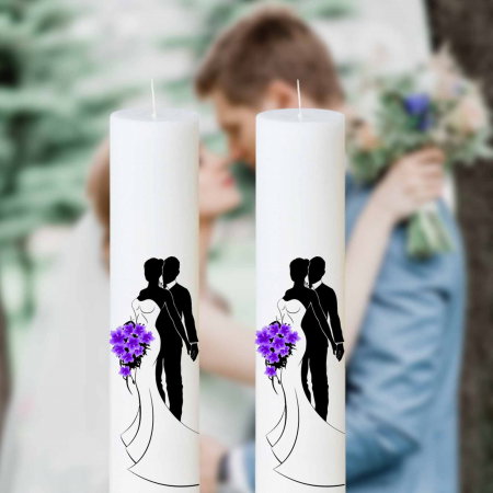 Lumânări Nuntă simple - Set 2 Lumanari Nunta Mire si Mireasa cu buchet mov